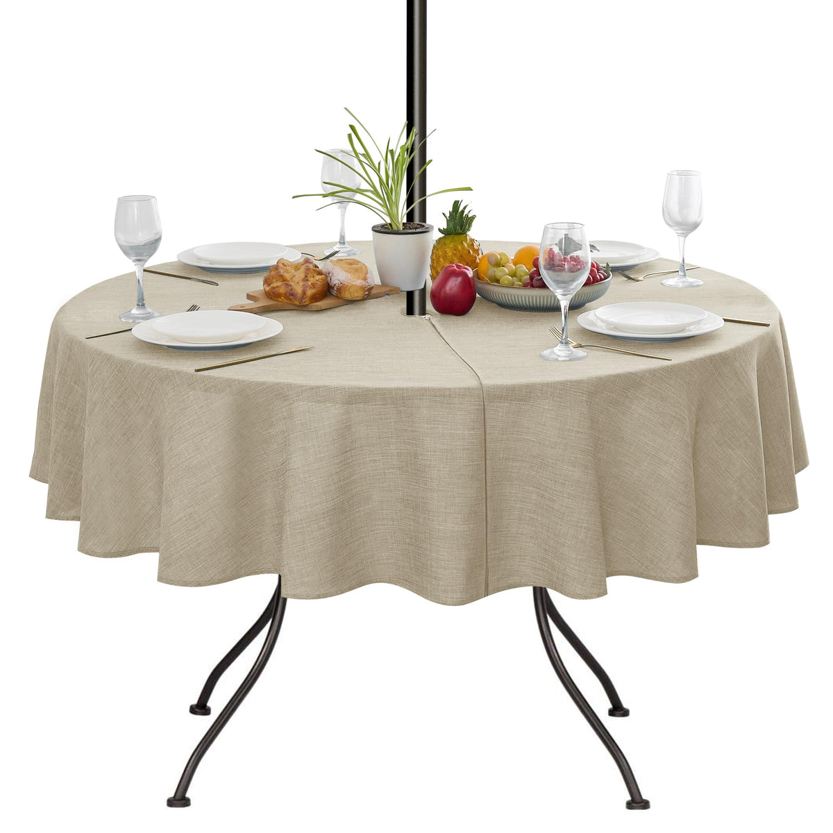 Outdoor Tablecloth with Umbrella Hole - Patio Table Cloth Zippered Round 60 Inch, Linen-Look Polyester Table Cover Water Resistant for Picnic Outside, Natural Color