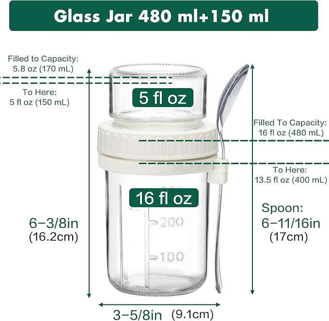 Danmu 4 Pack Overnight Oats Containers with Lids 21 oz (16+5),Dual-Layer Yogurt Parfait Cups with Lids,Meal Prep Containers Glass for Snack,Overnight Oats,Yogurt,Parfait,Salad Dishwasher Safe