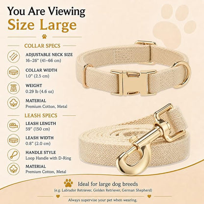 Herringbone Tweed Dog Collar and Leash Set for Large Dogs, Light Beige | Snag-free, no-rub design. Soft breathable cotton, gentle on fur. Adjustable durable matching combo for walks & outdoors.