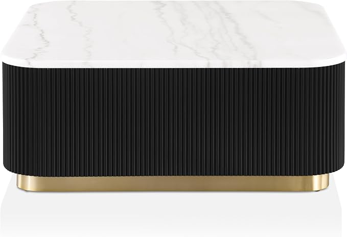 Furniture of America Beryl Modern Square White Genuine Marble Top Coffee Table with Fluted Pedestal Base and Gold Stainless Steel Accent, Low Profile Table for Living Room, Home Office, Black