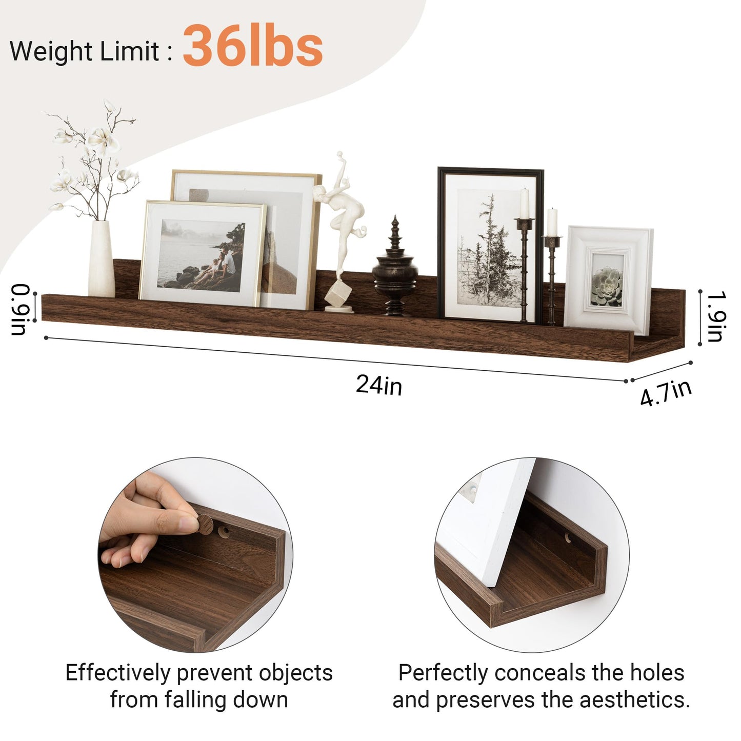 Feihorrm Floating Shelves for Wall, 24 inch Wood Floating Shelves Set of 2, Picture Ledge Shelf for Books Photo Frames, Wall Mounted Shelves for Bathroom Bedroom Living Room Kitchen, Walnut
