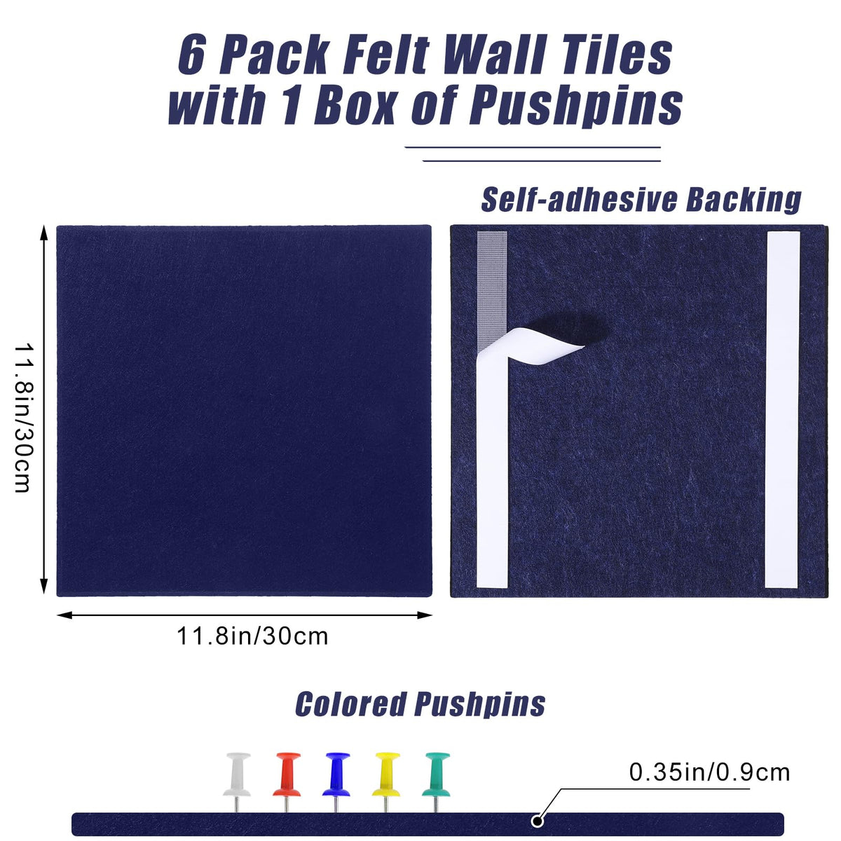 Large Cork Board 36" x 24", 6 Pack Felt Bulletin Board with 30 Pushpins, Cork Boards Alternative with Self-Adhesive Strips, Felt Wall Tiles Pin Boards for Walls Office Home School Decor-Dark Blue