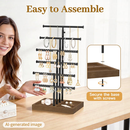 MODOWEY Necklace Holder Organizer Earring Display Stand with Wooden Tray, Metal Adjustable Bracelet Tree Rack for Women Vendor Selling, 6 Tier Tall T Bar Large Storage Tower for Find Jewelry In Second