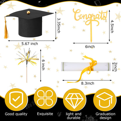 7 Pieces Graduation Cap Cake Topper Decorations Kit with Paper Diploma Congrats Cupcake Toppers Firework Food Topper for Graduation Party Cake Decoration Supply