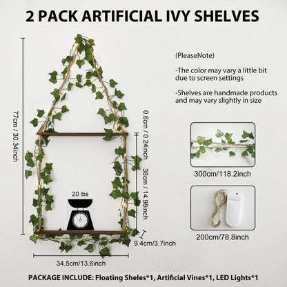 Artilady Artificial Ivy Macrame Hanging Shelves 3 Tier with Lights Boho Wall Decor, Rustic Wood Flaoting Shelf Plant Storage Rack for Bedroom Bathroom Living Room Nursery