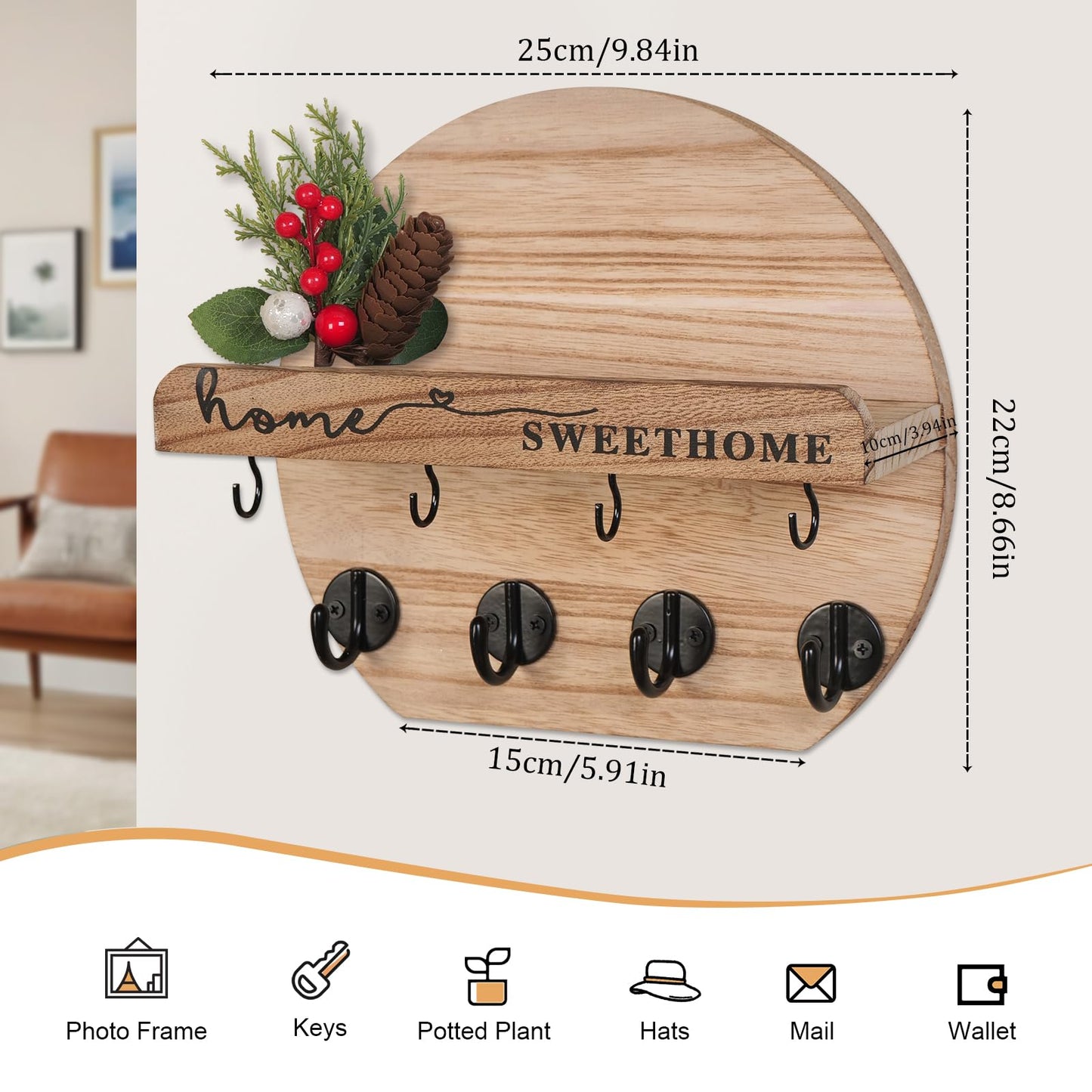 LEIRUOTM Key Holder for Wall, Key and Mail Holder Organizer - Key Holder Wall Mount with Bouquet Shelf and Key Hooks, Round Wooden Rustic Key Rack for Entryway and Home Decor (Wood)