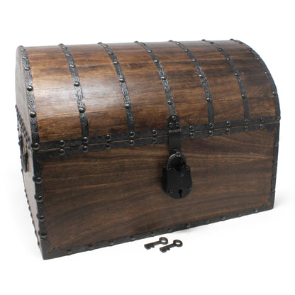 Nautical Cove Wood Treasure Chest with Decorative Rivets and Reinforcing Iron Strips with Lock and Skeleton Keys (Dark Antique, X-Large 16x12x12) – Wooden Keepsake Box, Pirate Decor, Storage Chest