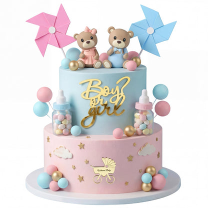 Gender Reveal Cake Toppers, Bear Cake Topper Balls Cake Decorations with Boy or Girl for Gender Reveal Baby Shower Bear Theme Party Supplies