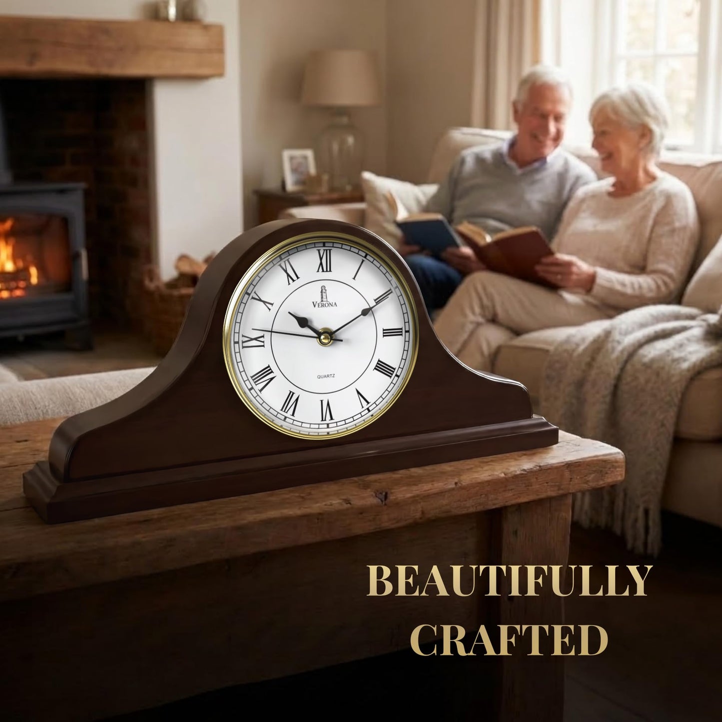Mantel Clock Battery Operated - Wooden Mantle Clock 15x7.5 - Silent, Non-Chiming, Made of Solid Wood & Easy to Read - for Living Room Decor Above Fireplace, Office, Shelf, Table & Home Décor Gift