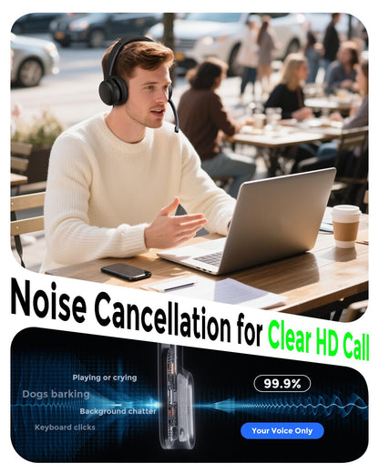 Bluetooth Headset, Wireless Headset with Mic for Work, Qualcomm Chipeset Dongle, V5.4 Headsets with Microphone for Work, Wireless Noise Cancelling Headphones Busy/Mute Light for PC Computer Office WFH