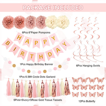 Pink Birthday Party Decorations, Dusty Pink Sand Confetti Rose Gold Balloons Happy Birthday Banner Fringe Curtains Butterfly Hanging Swirls Circle Dots Tassels Pompoms for Women Girls Party Supplies
