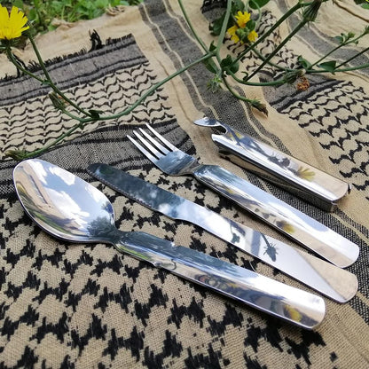M‑Tac 4‑in‑1 Camping Utensil – Spoon, Fork, Knife & Bottle/Can Opener Combo – Compact Stainless Steel for Hiking & Survival