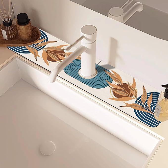 Abstract Blue Minimalistic Sink Faucet Absorbing Mat Sink Splash Guard Faucet
