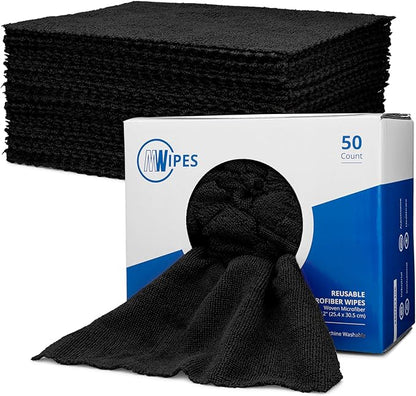 Black Microfiber Shop Towels | MWipes Reusable Shop Rags | 50 Rags in a Box |