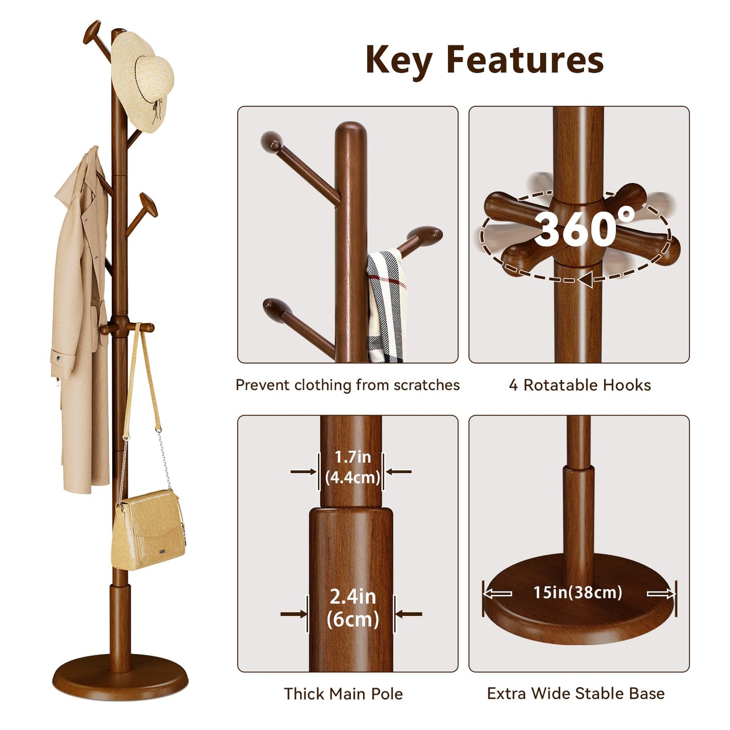 Taitiy Solid Wood Coat Rack Freestanding Coat Tree with 10 Hooks for Bedroom, Livingroom, Entryway, Sturdy Coat Hanger Stand for Hats, Coats, Scarves, Handbags, Purses
