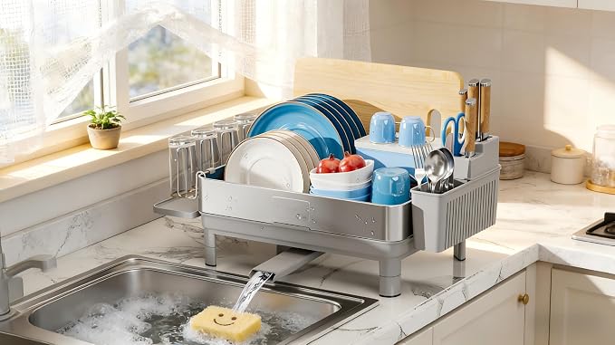 Ewaiira Dish Drying Rack, 304 Stainless Steel Dish Racks for Kitchen Counter, Dish Drainers with Automatic Drainage, Utensil Holder & Cups Holder, Space Saving Kitchen Organizer, Gray