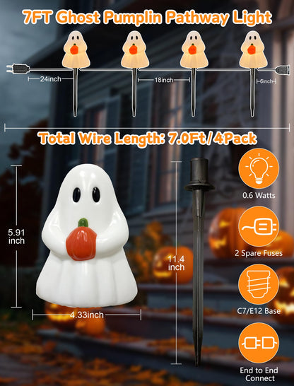 Halloween Ghost Pathway Lights, Ghost Pumpkin Pathway Decoration Lights Built-in 4 C7 LED Bulbs for Halloween Holiday Outdoor Yard Garden Walkway Decor, 7Ft 4PK