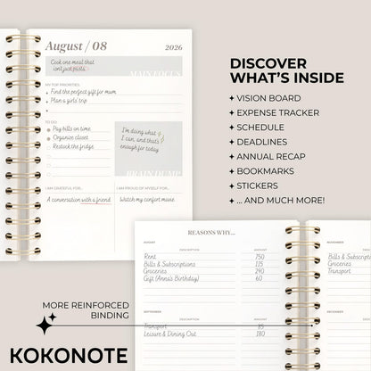 KOKONOTE Planner 2026-2027 Gazette - Planner for Women 17 Month (Aug 26/ Dec 27) | Weekly & Monthly Academic Planner 2026-2027 | 6.4" x 7.9" | Hardcover Agenda 2026 | Thick paper 120 g/m²