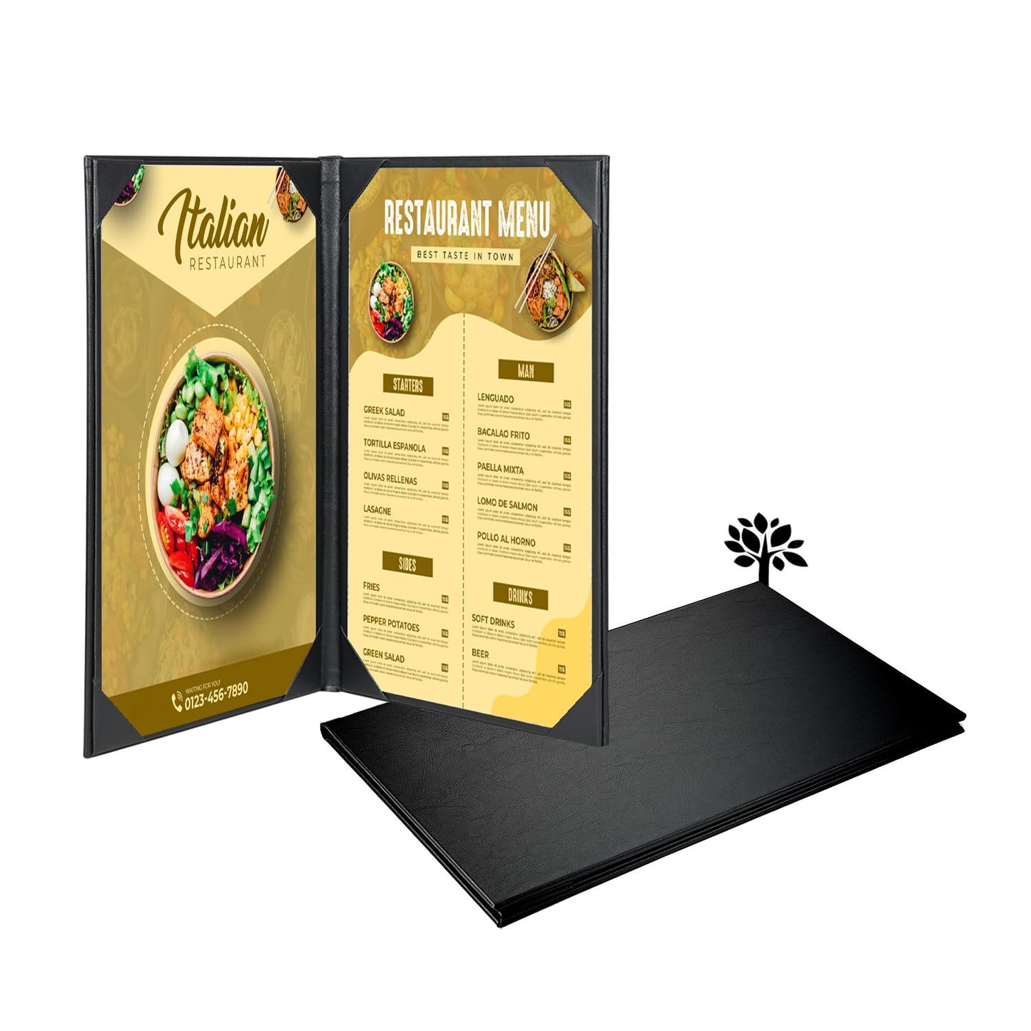 Leather Menu Covers Holders with Strong Wood Inside for 8.5 X 14 Inch, Double View Leather Menu Holder for Wine List, Drinks, Cafes, Bar, Hotel,Cocktail(8.5" X 14"/2 View-Book Style/1 Pack)