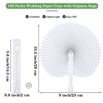 MCEAST 100 Pack Wedding Paper Fans Handheld Folding Fan White Round Shaped Folding Paper Fans Handheld Fan with Plastic Handle and Bags for Wedding Birthday Party Favors Supplies Home Decor