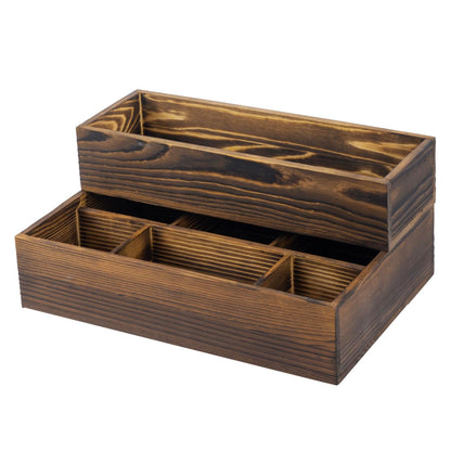 MyGift Counter Storage Organizer, 2 Tier Rustic Burnt Solid Wood Stackable Modular Vanity Countertop Storage Organizer Trays, Decorative Bathroom Makeup Cosmetic Box, 2 Piece Set