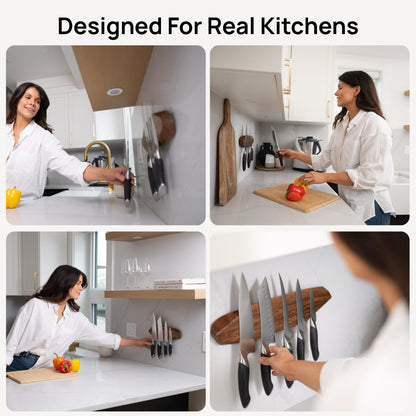 Ibyx Acacia Magnetic Knife Strip - Wooden Wall-Mount Magnetic Knife Holder & Organizer with 3M No-Drill & Screw Mount Options, Water-Resistant Universal Knife Holder | 16 Inches, Capacity 8.8 lb