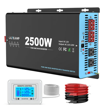 2500W Pure Sine Wave Power Inverter with Transfer Switch, 12V DC to 120V AC Converter, Auto Switch to Shore Power, 5000W Peak, Remote LCD Controller, USB & Type-C for RV, Truck, Off-Grid Use