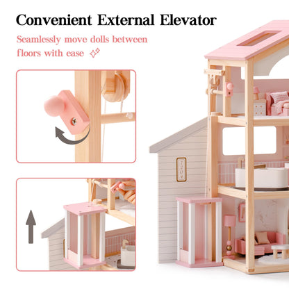 ROBUD Doll House, Wooden Dollhouse with 6 Rooms, 29-pcs Furniture Set, Working Elevator, Garage, Swimming Pool, Ideal Gift for Kids Ages 3+ (Pink)