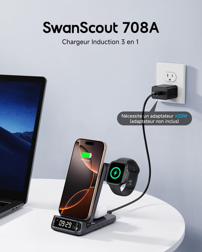 Wireless Charger for iPhone 17/16/15/14/13/12 Series, 3 in 1 Charging Station for Apple Watch 11/10/9/8/7/6, Ultra 3/2, for AirPods Pro 3/Pro 2/4/3, SwanScout 708A (NO Adapter)