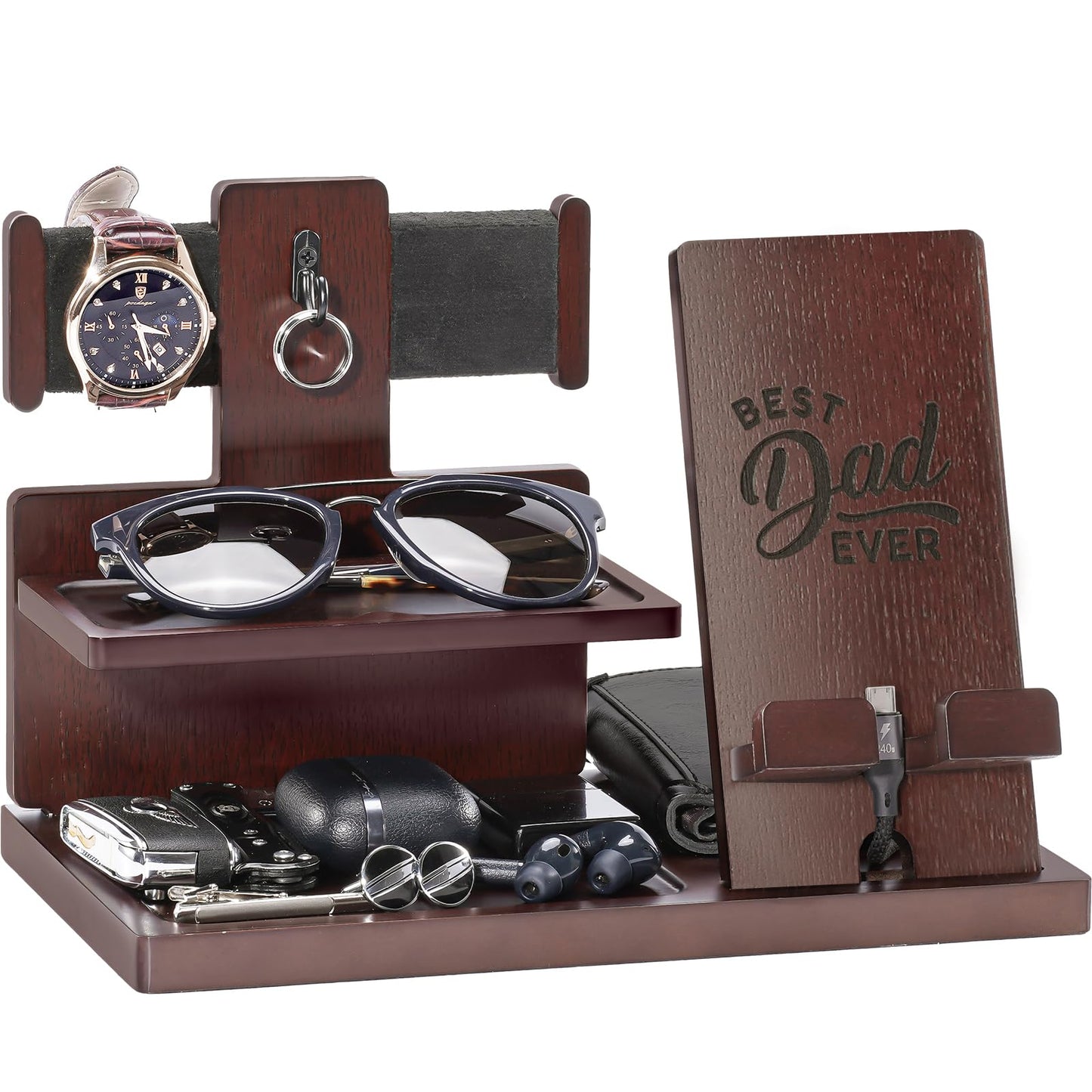 ProCase Gifts for Dad, Wood Phone Docking Station for Men, Dad Gifts From Daughter Son, Mens Nightstand Organizer, Anniversary Birthday Gifts for Dad Father Husband Him -Espresso (Engraved Word)
