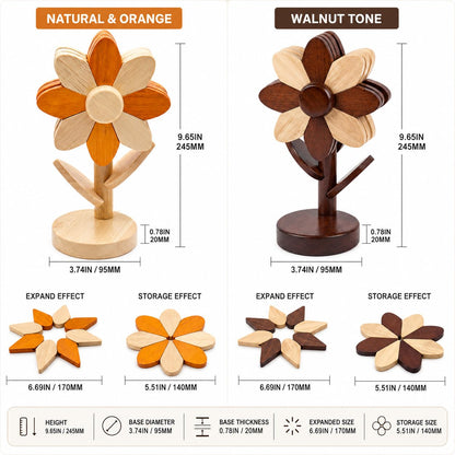 Cycayit 5-Piece Wooden Flower Trivets for Hot Pots and Pans with Storage Stand - Flippable Beech Wood Wooden Trivet Tree, Hot Pads for Kitchen, Tree Trivet, Trivets for Hot Dishes, Kitchen Gifts