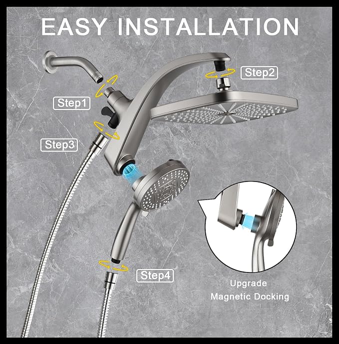 BOZYBO Rain Shower Head with Handheld: High Pressure Shower Heads with Handheld Spray Combo, 12" Rainfall Shower Head and 9 Sprays Hand Showerheads with Magnetic Docking and Power Jets, Nickel 1.75GPM