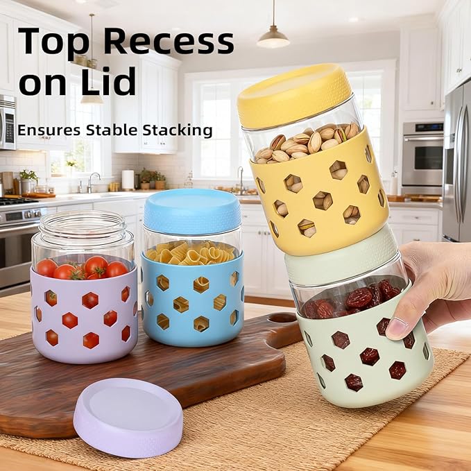 Overnight Oats Containers with Lids and Silicone Sleeve, 6 Pack Wide-Mouth Glass Food Storage Jars, 16oz Mason Jar Style Containers Perfect for Yogurt, Oatmeal, Fruit, Snacks and Meal Prep