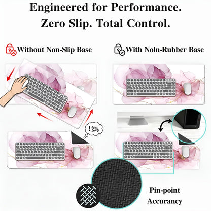 XXL Extended Gaming Mouse Pad (47.2 x 23.6 Inch), Giant Pink Floral Desk Mat for Full Coverage, Luxury Alcohol Ink Marble Design, Non-Slip Blotter, Premium Workspace Protector