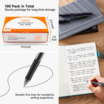 Shuttle Art Black Gel Pens, 100 Pack Retractable Medium Point Rollerball Gel Ink Pens Smooth Writing with Comfortable Grip for Office School Home Work