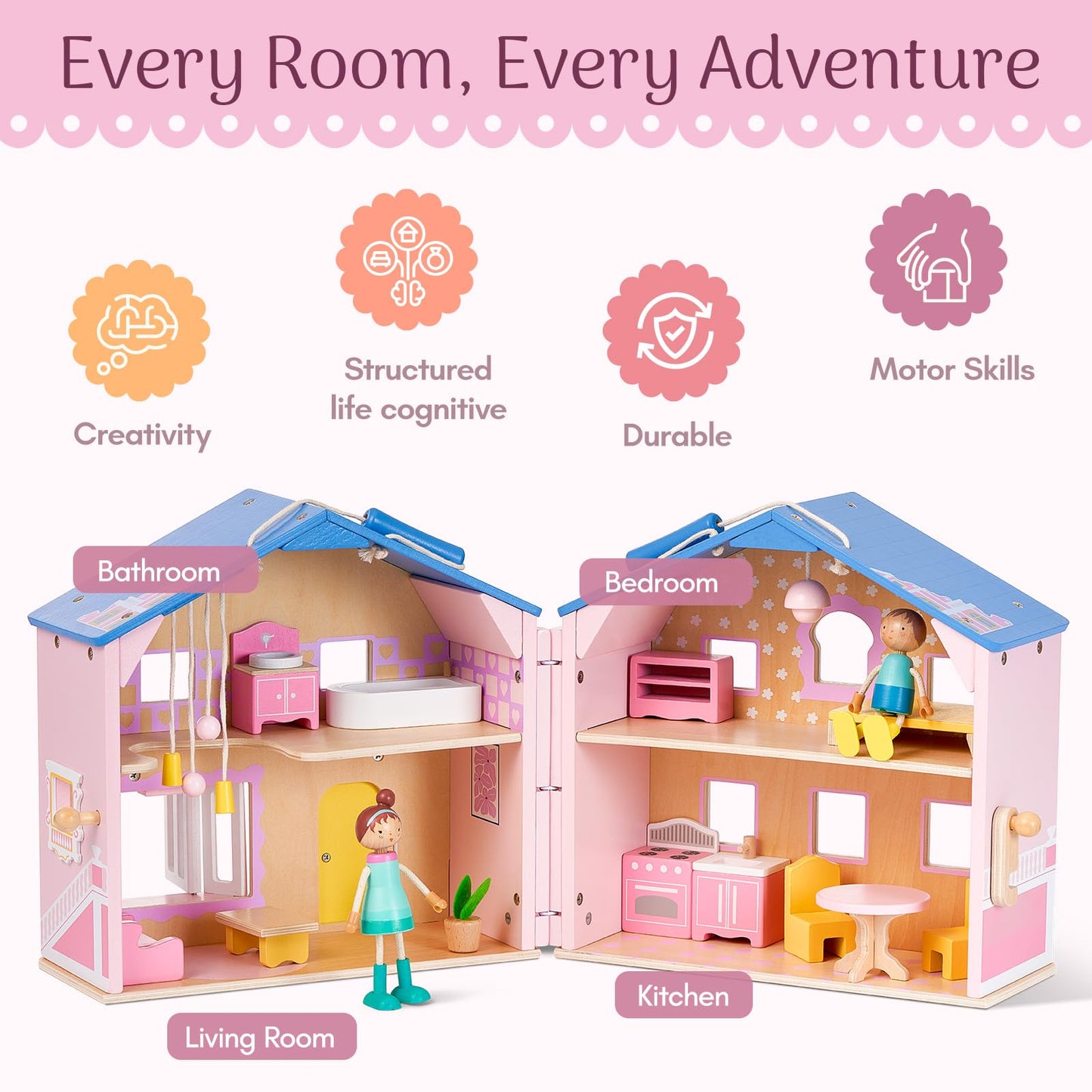 Giant bean Exquisite Pink Wooden Dollhouse for Girls with 2 Dolls and 12pcs Wooden Furniture,Foldable and Portable Pretend Play House Set with Handle, Christmas Birthday Gift for Girls Kids Age 3+