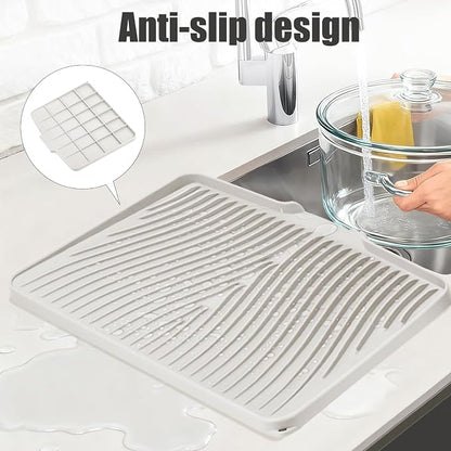 TIKNIK Silicone Dish Drying Mat for Kitchen Counter - Heat Resistant & Non-Slip Dish Drain Pad with Built-In Drain, Dishwasher Safe, Quick-Dry, Hangable & Roll-Up for Storage, Cream-1pcs, 20" x 15"