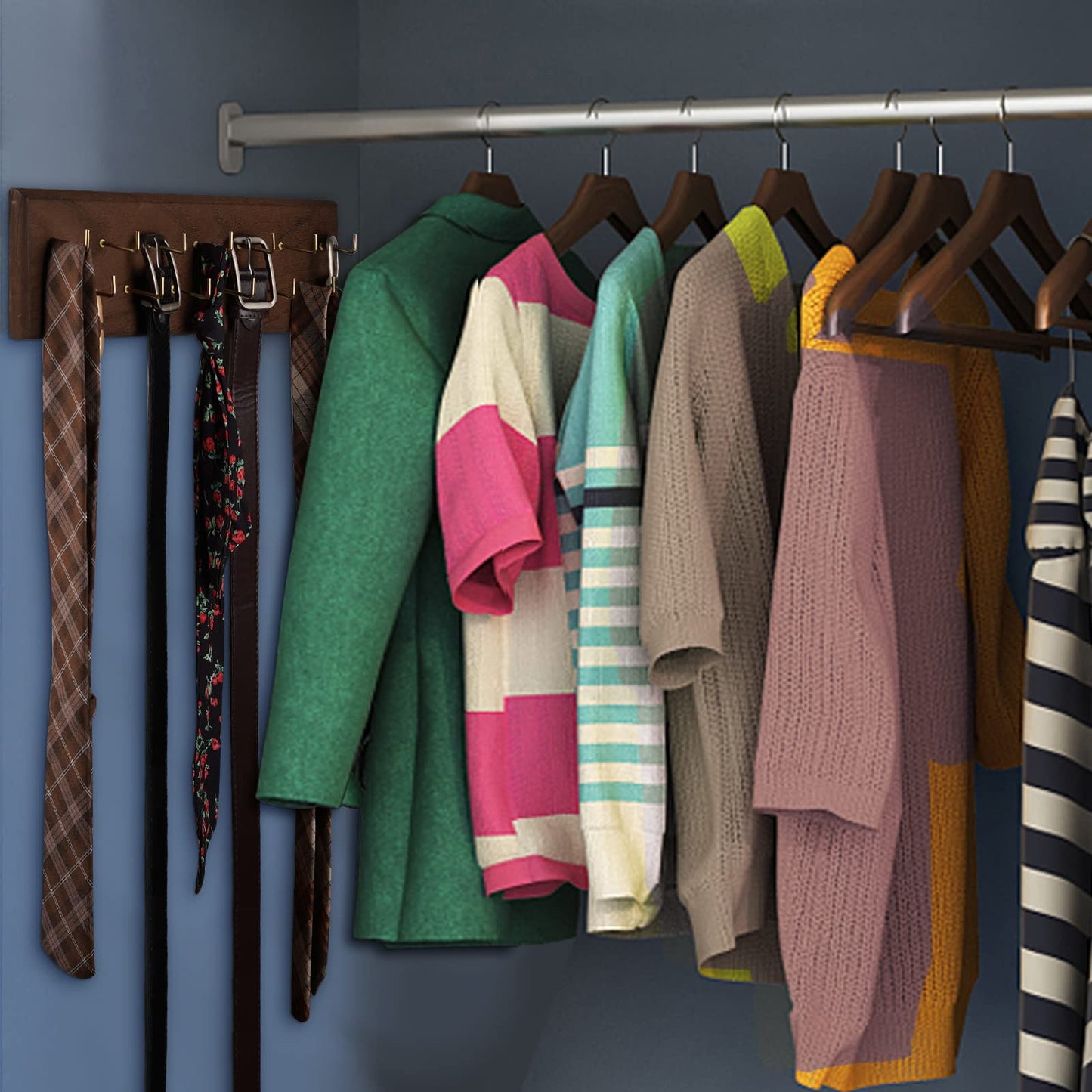 Creproly Belt Organizer - Wall Mounted Hanger for Closet, Holds Over 28 Belts - Wooden Rack with Tie and Scarf Storage (Brown)