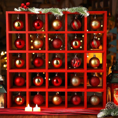 Cinnvoice Christmas Holiday Ornament Displays Rack Wooden Hanging Stand Holder Hanger for Christmas Ball Display Shelf Cabinet for Craft DIY Wall Decorations Gift (Red,25 Compartment)