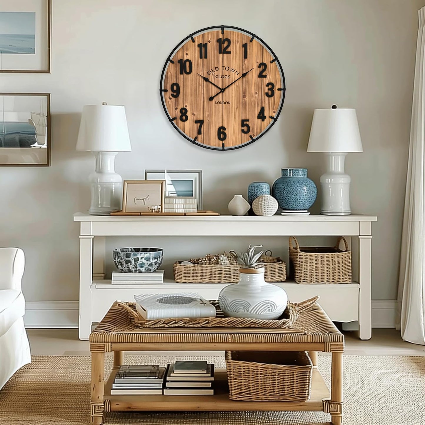 MICWIC 20 Inch Farmhouse Wall Clock Large Old Town Vintage Rustic Wooden Clock with Metal Rim and Large Numerals, Silent Battery-Operated for Office, Kitchen, Bedroom, and Living Room
