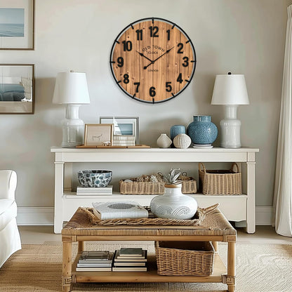 MICWIC 20 Inch Farmhouse Wall Clock Large Old Town Vintage Rustic Wooden Clock with Metal Rim and Large Numerals, Silent Battery-Operated for Office, Kitchen, Bedroom, and Living Room