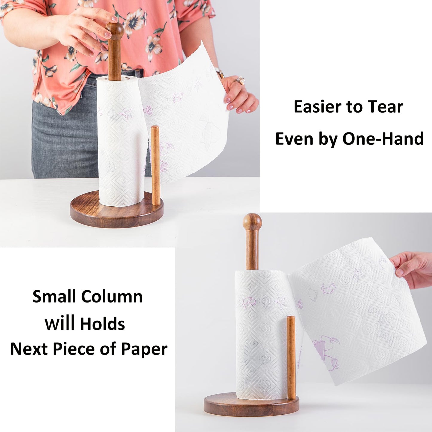 14" Acacia Wooden Paper Towel Holder, 6.7" Large Heavy Base Wooden Kitchen Towel Roll Stand Organizer Free Standing, Rustic Farmhouse Paper Towel Holder Stand, Standing Paper Towel Roll Holders