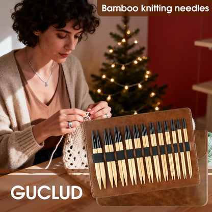 Guclud Bamboo Knitting Needles Set, 5-Inch Interchangeable Circular Knitting Needles US 4-15 (3.5-10mm),12 Pairs of Hand-Polished Circular Needles, 4 Cables, Accessories & Case (Black Tip)