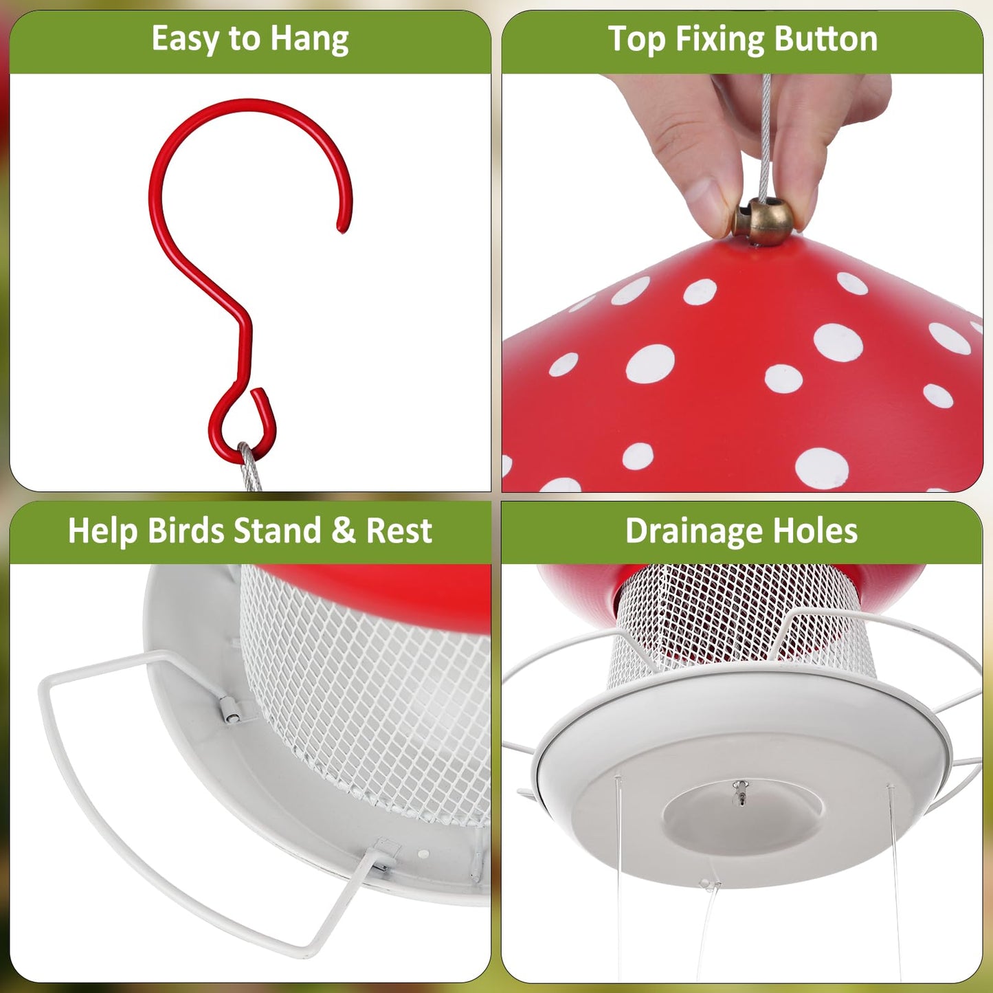IWNTWY Bird Feeder, Heavy Duty Metal Bird Feeders for Outdoor Hanging, Cute Mushroom Shape Wild Birdfeeder for Outside Garden Yard (Red)