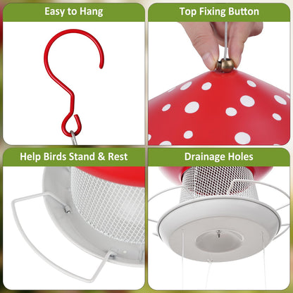 IWNTWY Bird Feeder, Heavy Duty Metal Bird Feeders for Outdoor Hanging, Cute Mushroom Shape Wild Birdfeeder for Outside Garden Yard (Red)