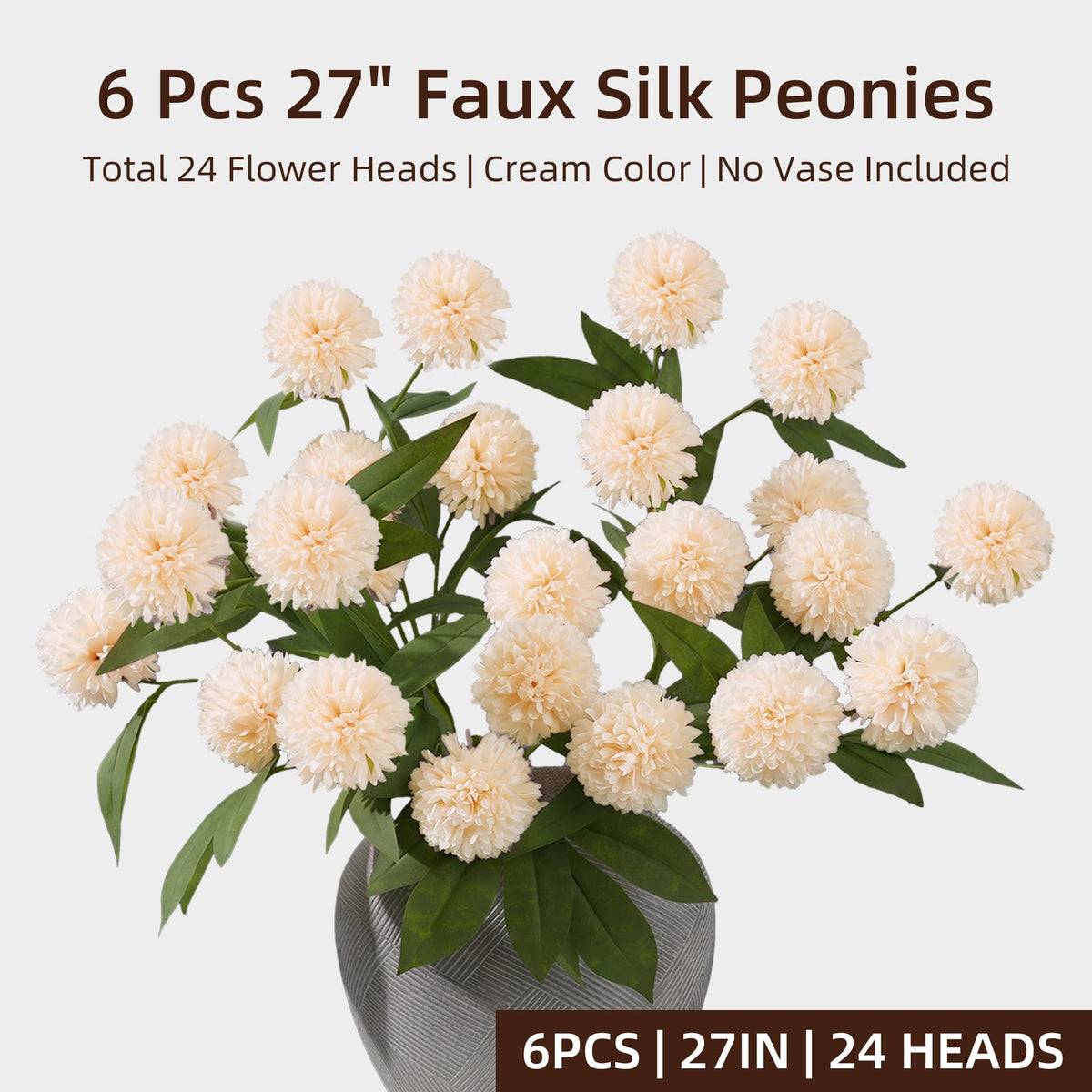 6 Pcs Artificial Pompon Mums, 27" Long Floral Faux Silk Flowers for Vase, Fake Chrysanth Branches with Stems for Indoor Home Table Decor, DIY Bouquet Centerpieces Decorations, Beige