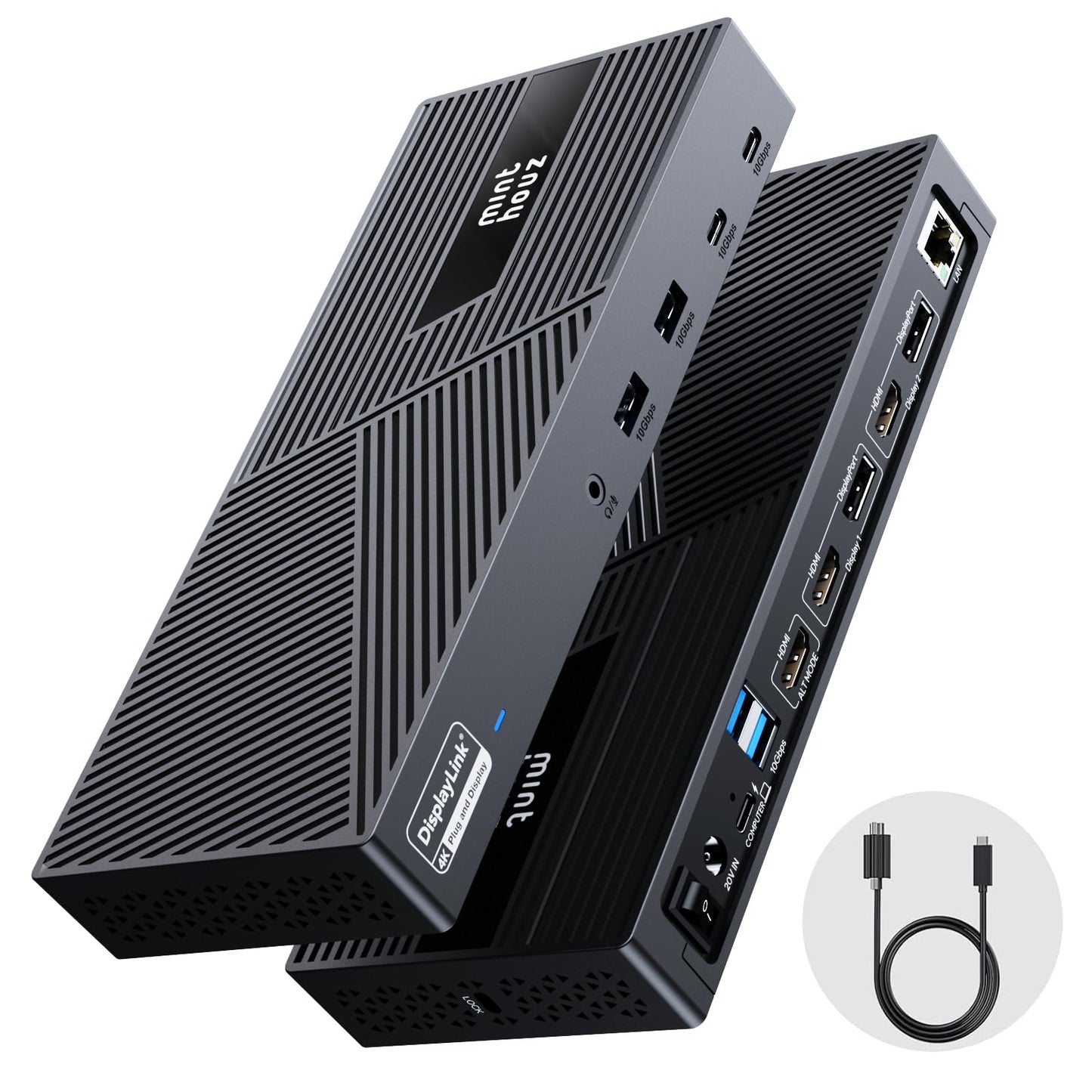 Minthouz DisplayLink Docking Station Triple Monitor 4K@60Hz, 14-in-1 USB C Dock for MacBook Dell HP Lenovo, 160W Adapter,100W PD Charging for Thunderbolt 5/4/3, 3HDMI,2DP, 6 USB A/C, LAN, Audio