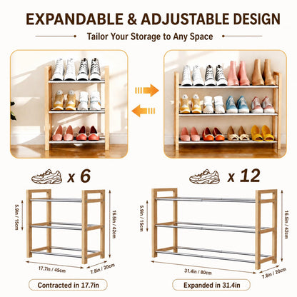 THENNIKIGO Shoe Rack Wooden, Oak Expandable Shoe Organizer, 3-Tier Stainless Steel Shoe Shelf, 17.7“-31.4” Shoe Storage 6-12 Pairs, for Closet, Garage, Narrow Spaces, Entryway, Door Entrance