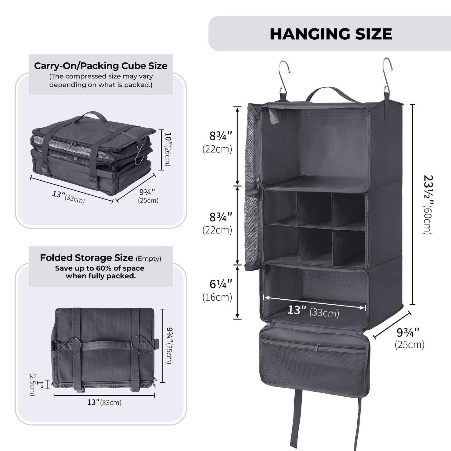 GRANNY SAYS Compression Packing Cubes, Foldable Hanging Travel Shelves with Mesh Window, Packing Cubes for Carry on Suitcase Organizer, Large Travel Organizer Bags, Grey