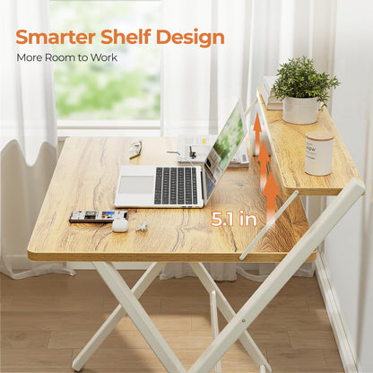 GreenForest Portable Small Desk No Assembly, 2-Tier Compact Computer Desk with Shelf, Space Saving Foldable Table for Home Office, Bedroom or Apartment, Portable Collapsible Sturdy Laptop Desk, Oak
